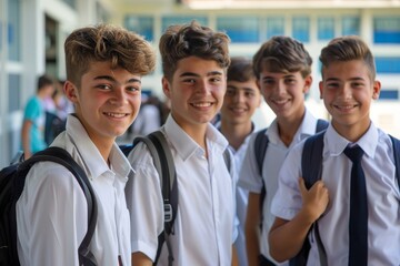 Group of School boys with backpack at school, Generative AI