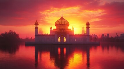 Sacred Sikh gurdwara with its golden dome glowing under a vibrant sunset, reflecting divine grace and peace