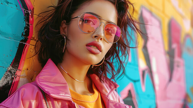 Stylish woman in retro 90s attire posing against a graffiti wall. Generative AI.