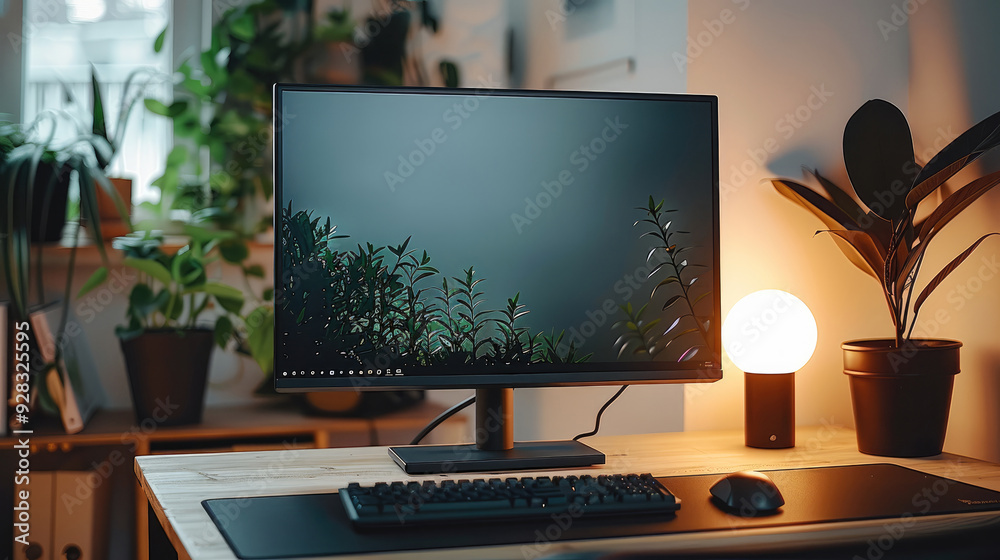 Poster a black computer monitor, front view, a white wall with a little yellow light in background. generat
