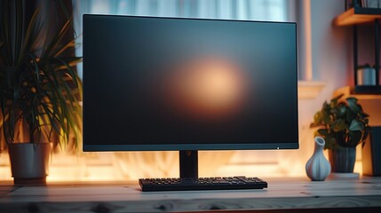 Fototapeta premium A black computer monitor, front view, a white wall with a little yellow light in background. Generative AI.