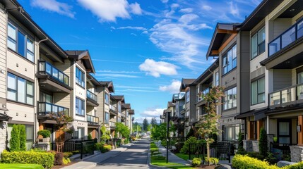 Naklejka premium Cityscape of residential area with modern apartment buildings on a clear day. Close-up of medium-density architectural houses of the same design next to each other.