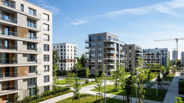Cityscape of residential area with modern apartment buildings on a clear day. Close-up of medium-density architectural houses of the same design next to each other.