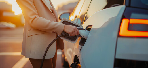 Obraz premium Businesswoman charging EV. Charging an electric car. EV - electric vehicle concept