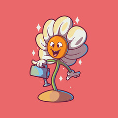 A Flower character is watering itself vector illustration. Nature, eco-friendly design concept.