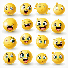 Obraz premium Set of sixteen isolated vector cartoon yellow face emoji with a wide variety of funny and expressive facial emotions, for digital communication and design projects