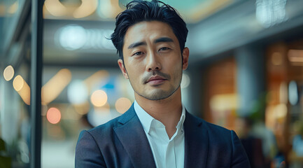 Obraz premium A handsome and intelligent Korean consultant in a suit, exudes a futuristic atmosphere. Generative AI.