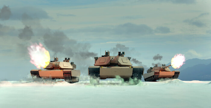 3D render of tanks shooting in desert area