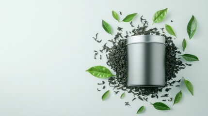 Fresh Organic Tea Leaves in Tin - 3D Illustration of Loose Leaves, Healthy Herbal Drink Concept, Generative AI