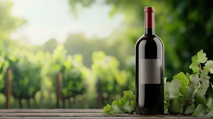 Fototapeta premium Premium Organic Wine Bottle Displayed in Front of Lush Vineyard Landscape - 3D Illustration, Generative AI