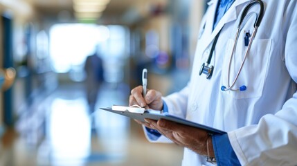 Close-up of a doctor writing notes on a clipboard in a hospital setting, wearing a white coat and a stethoscope around the neck.