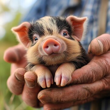 the cutest little piglet in the hands of a farmer