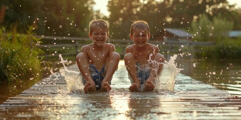 Two boys sitting on the pier of the swamp lake and making splashes by legs, Generative AI