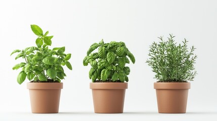 Fototapeta premium Lush Organic Herb Garden in Pots: Fresh Basil, Mint, and Rosemary - 3D Illustration of Aromatic Herbs Collection, Generative AI
