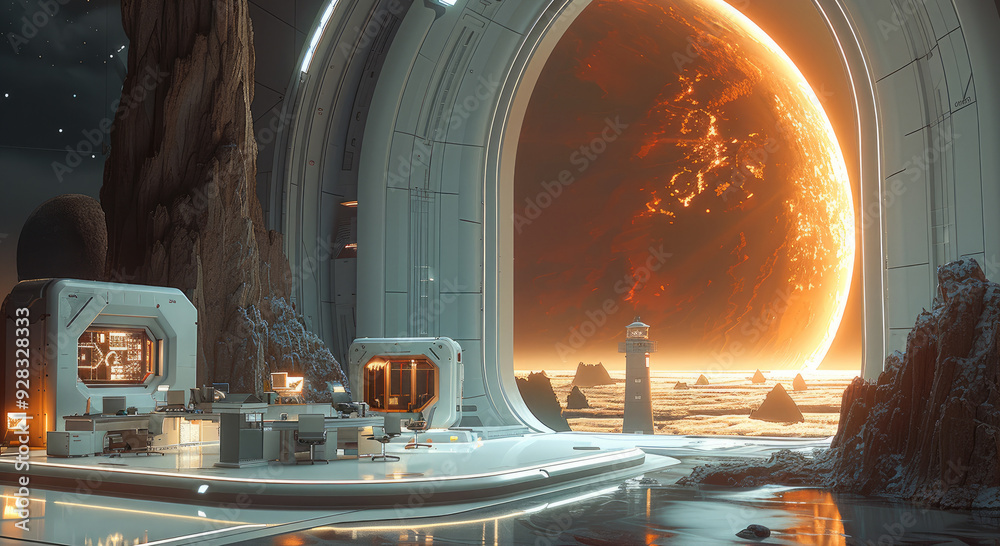 Aufkleber An office on the edge of the space lighthouse. There are no planets, stars, or lights around. It is only shining from the space lighthouse, serving as a guide for other space travelers. Generative AI.