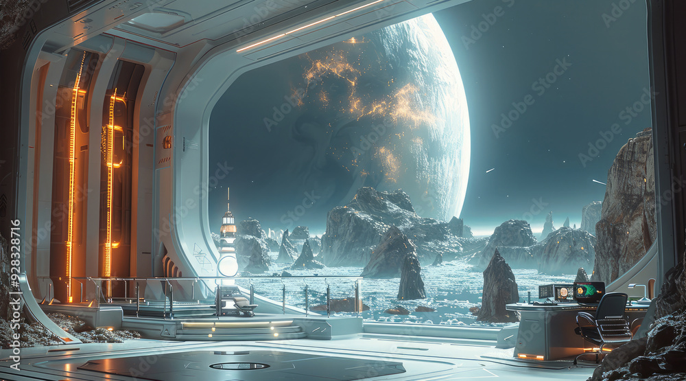 Aufkleber an office on the edge of the space lighthouse. there are no planets, stars, or lights around. it is 