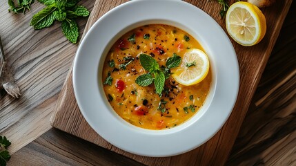 Arabic soup served in a white bowl, accompanied by Turkish Pacanga Böreği (a savory pastry) and cheddar cheese.