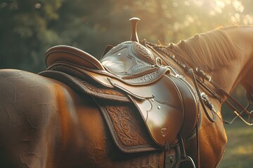 A brown saddle and cloth on horse s back sunlit for outdoor training