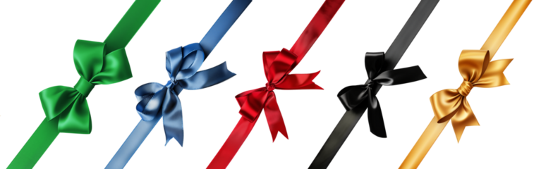 Collection set of many colorful satin gift ribbons and bows isolated on transparent background, Christmas or birthday or Valentines Day holiday celebration, png