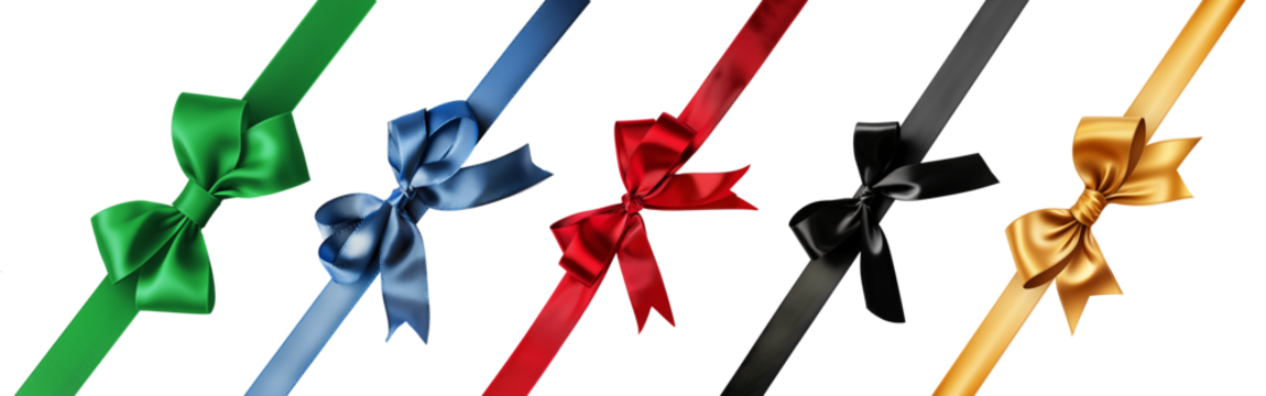 Collection set of many colorful satin gift ribbons and bows isolated on transparent background, Christmas or birthday or Valentines Day holiday celebration, png