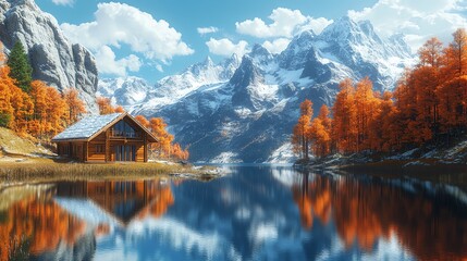 Fototapeta premium Scenic autumn landscape with wooden cabin by calm mountain lake, surrounded by vibrant foliage and snow-capped peaks under a clear blue sky.