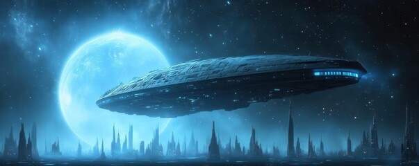 Obraz premium A stunning alien spacecraft hovers against a luminous blue moon, surrounded by distant celestial landscapes, evoking wonder and intrigue.