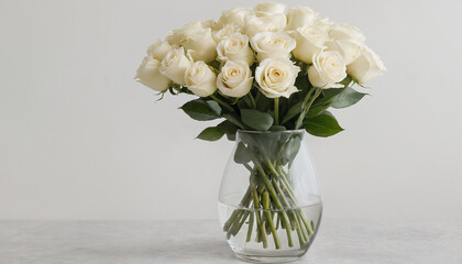 white roses bouquet in a vase on white background
