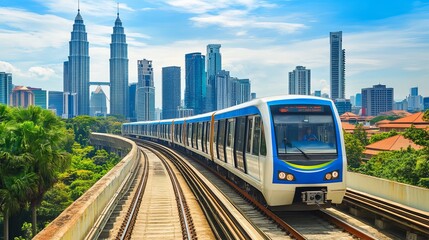Naklejka premium In Kuala Lumpur, Malaysia, the Mass Rapid Transit (MRT) Putrajaya Line train helps alleviate severe traffic congestion in the KL metropolitan area.