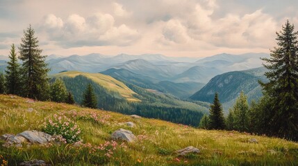 The Ural Mountains in summer, with lush greenery and rolling hills under a clear sky.