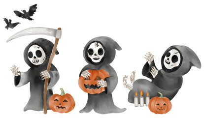 Watercolor painting halloween Grim Reaper cartoon characters