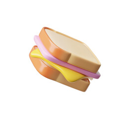 Sandwich 3D plastic style vector icon, toasted bread slices with cheese and ham, cartoon volume fast food, tasty snack