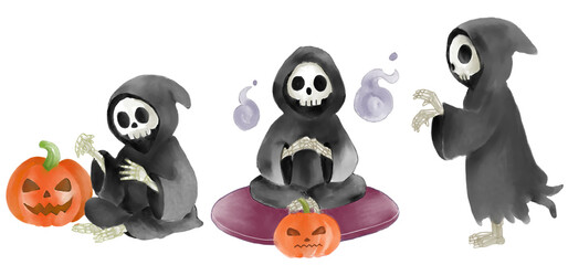 Watercolor painting halloween Grim Reaper cartoon characters