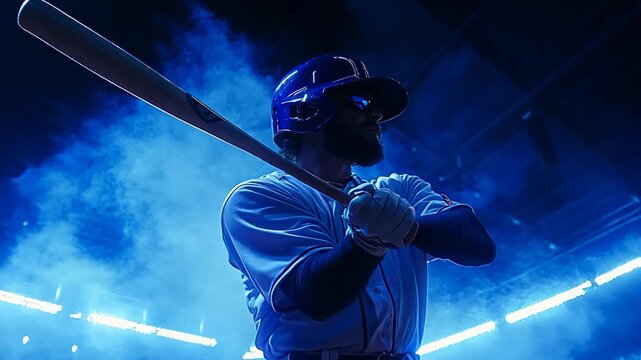 Focused baseball player gripping bat ready to swing under dramatic stadium lights and misty blue background. Captures the intensity of sports, competition, and athletic determination.