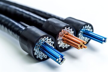 Armored cable with four cores on white background