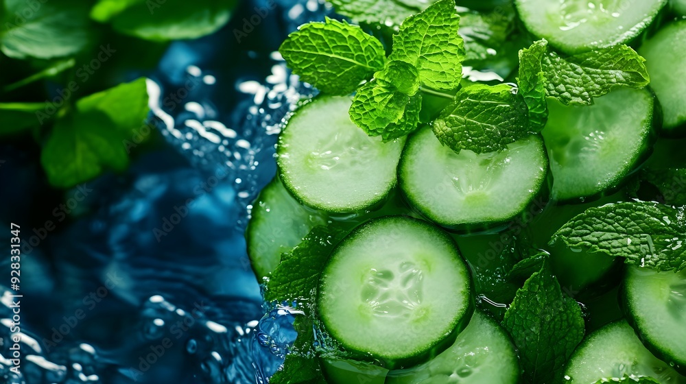 Wall mural Cucumber and mint slices floating in crystal-clear water, photographed in high-definition, illuminated by soft natural light, with a minimalistic and refreshing composition.