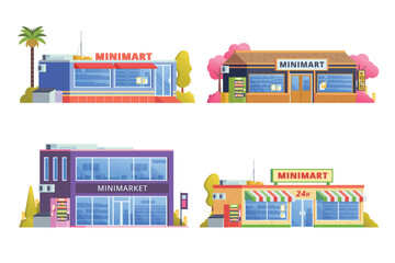 Vector element of store building, minimarket, mart and supermarket flat design style for city illustration