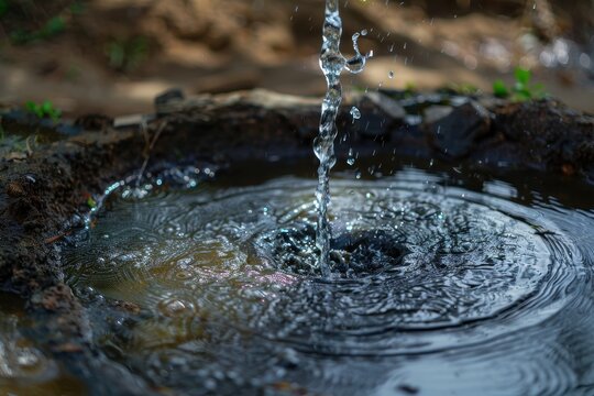 Artesian well water flows from the ground thanks to drilling