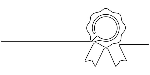 Award Ribbon Continuous Line Icon, Quality and compliance, award to winner, continuous one art line drawing. Assurance sign, premium level, product warranty. Rosette ribbon with tick. Vector outline