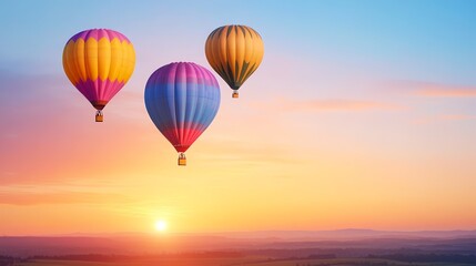 Fototapeta premium Three colorful hot air balloons soaring over a scenic landscape at sunrise with a beautiful clear sky.
