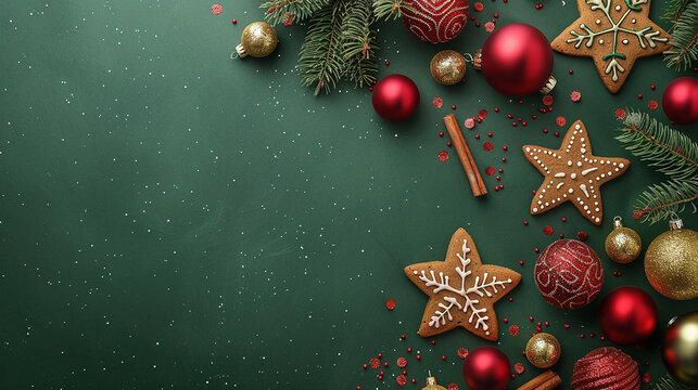 website header of christmas baubles and cookies on green background