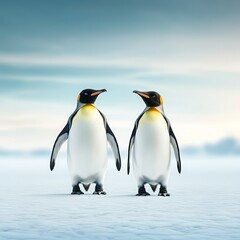 Fototapeta premium Two penguins stand together on icy ground under a clear sky, showcasing their natural beauty in a serene, frozen landscape.