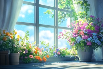 Fototapeta premium Sunny Window with Flowers