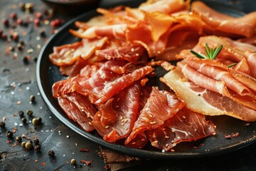 Assorted jerkies on black plate rustic background