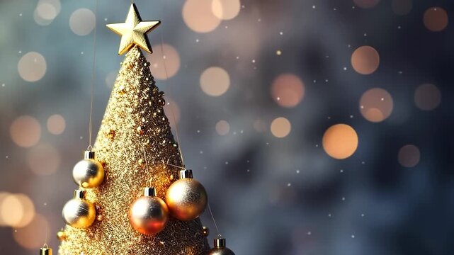 Christmas card with Christmas tree made of pile gifts golden star on top, copyspace for text, on festive background