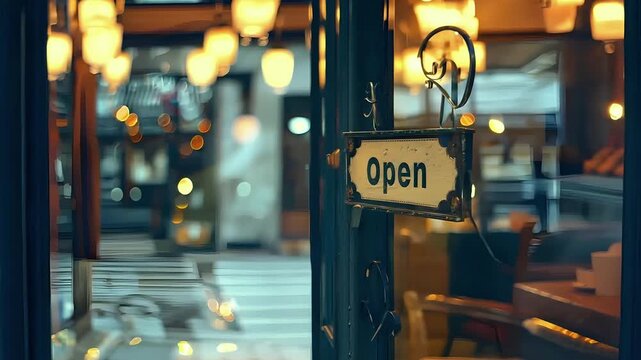 A cozy caf&eacute; welcomes visitors with an open sign and warm lighting that creates an inviting atmosphere in the heart of the city