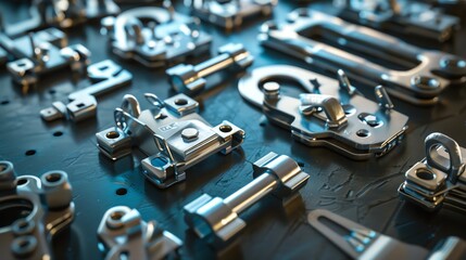 3D render of industrial clamps and clips, detailed