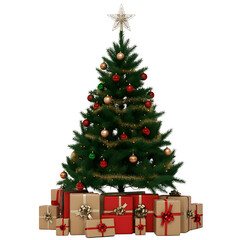 Decorated Christmas tree with presents for new year. png isolated background. transparent background
