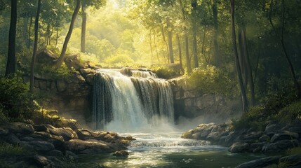 Obraz premium Hidden among the towering trees, a forest waterfall spills over a rocky precipice, its waters glistening in the sunlight.
