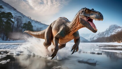 Fototapeta premium Dinosaurs, enveloped in a cinematic dark style, frantically flee through a desolate, frozen winter landscape, their massive forms cutting through the icy winds as they race against the encroaching col