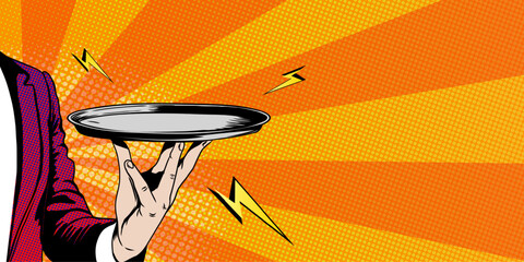 Waiter holding serving tray plate with copy space for text in retro comic pop art style. Halftone background for announcement, mews, limited time discount offer, promotion or special deal off. © Julisart
